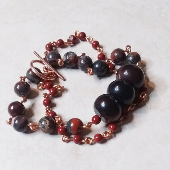 Bloodstone + Agate + Red Jasper ~ Handmade 2 Strand Layer Bracelet for 8" Wrist - Picture 6 of 9